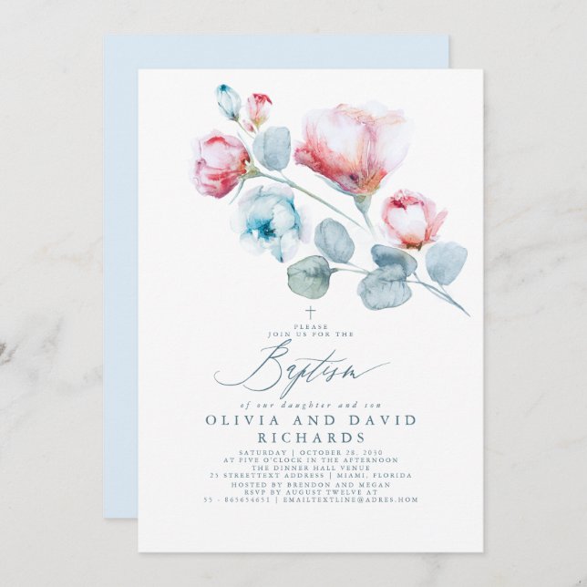 Invitation Garçon et fille Bleu et Baptême rose (Devant / Derrière)