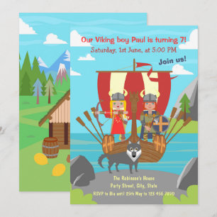 Invitation Garçon et fille viking sur bateau viking pour une 