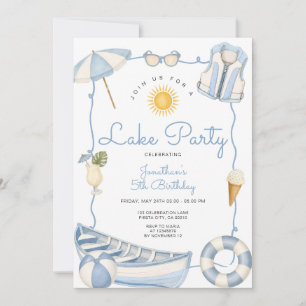 Invitation Garçon Fête au Lac Thème Anniversaire Pastel Bleu