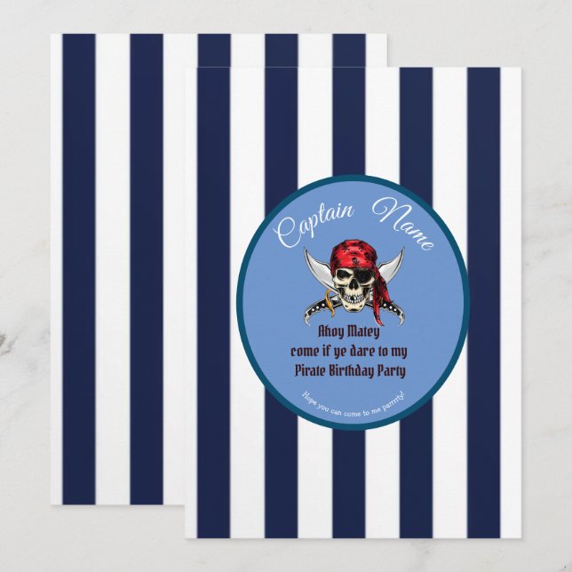Invitation garçon fête d'anniversaire pirate (Devant / Derrière)