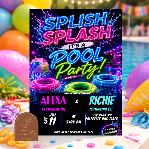 Invitation Garçon Fille Frères et Sœurs Fête au Piscine Néon