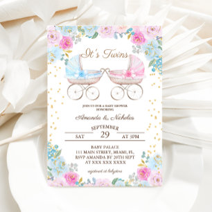 Invitation Garçon Fille Jumeaux Baby shower à poussette bleu 