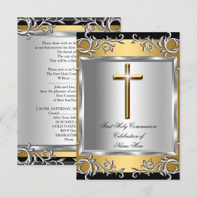 Invitation Garçon Fille Première Sainte Communion Argent Or S (Devant / Derrière)