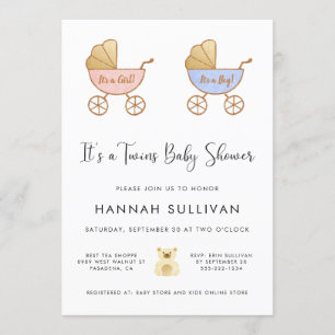 Invitation Garçon & Fille Twins Carriage Aquarelle Douche