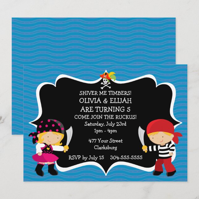 Invitation Garçon Fille Twins Pirate fête d'anniversaire (Devant / Derrière)
