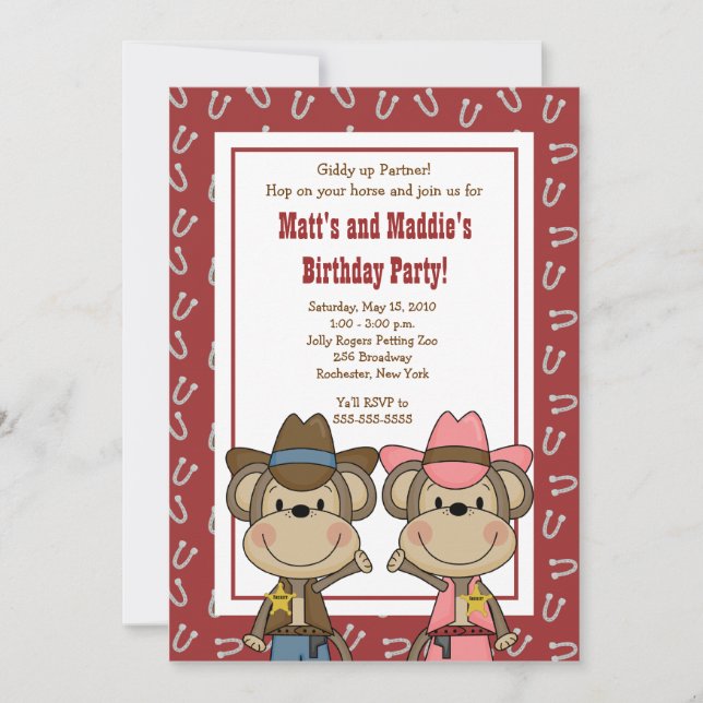 Invitation GARÇON & FILLE Western Cowboy Singe 5x7 Anniversai (Devant)