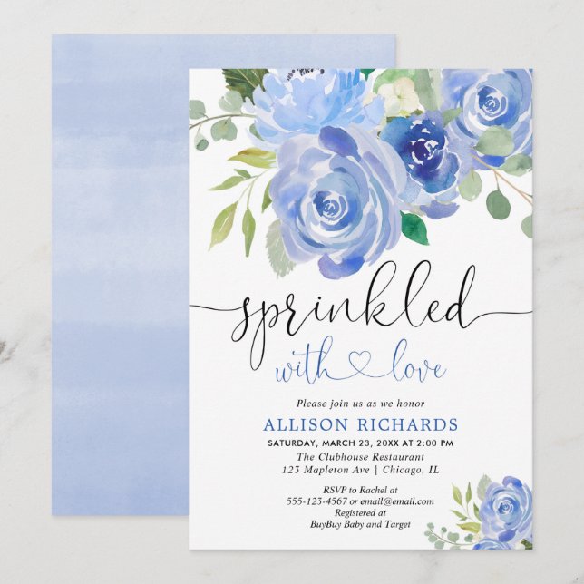 Invitation Garçon floral bleu et blanc de la marine (Devant / Derrière)