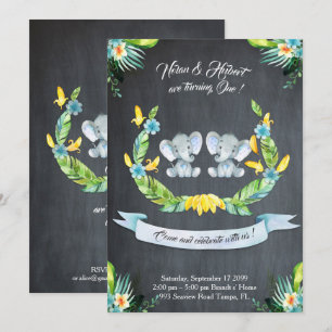 Invitation garçon jumeau éléphant, Floral, Bébé 1e