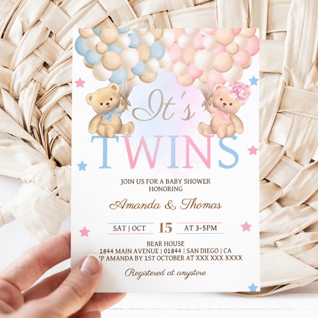 Invitation Garçon Jumeaux Ours Avec Baby shower Ballons (Créateur téléchargé)