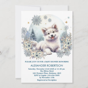 Invitation Garçon loup mignon thème bois hivernal aquarelle 