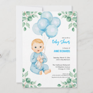 Invitation Garçon mignon ballons bleus eucalyptus modernes 
