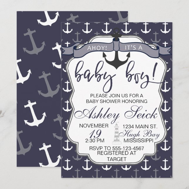 Invitation Garçon nautique de baby shower oh son un (Devant / Derrière)