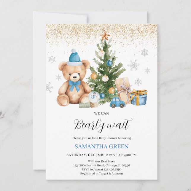 Invitation Garçon on peut attendre le Baby shower de Noël (Devant)