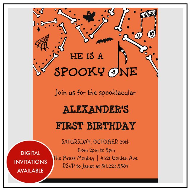 Invitation Garçon Orange Crâne Éffrayant un Halloween 1er ann (Halloween-1st-birthday-Invitation-Boy-Orange-Skull-Spooky-one-1)
