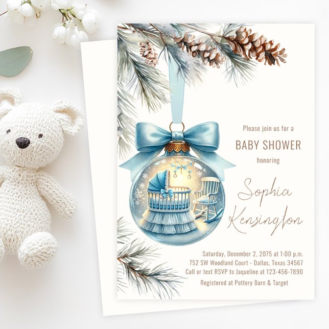 Invitation Garçon Ornement de Noël Baby Shower d'hiver (Boy Christmas tree ornament baby shower invitation with sweet nursery scene and pine boughs.)