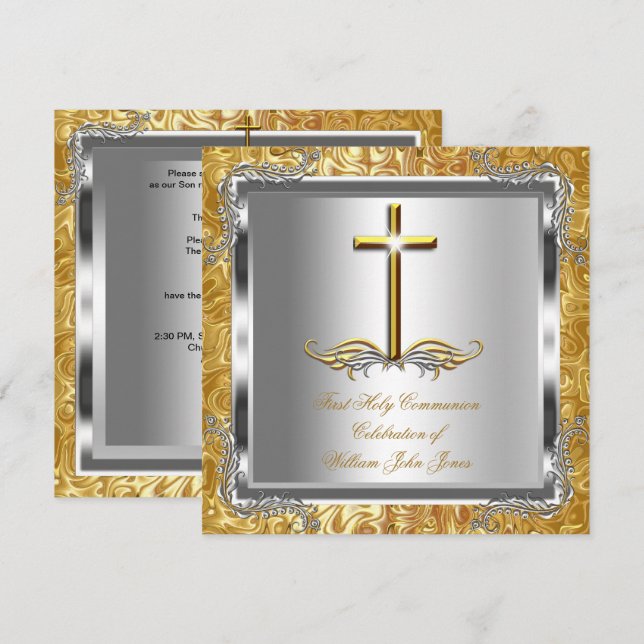Invitation Garçon ou fille 1ère Sainte Communion Gold Argent  (Devant / Derrière)