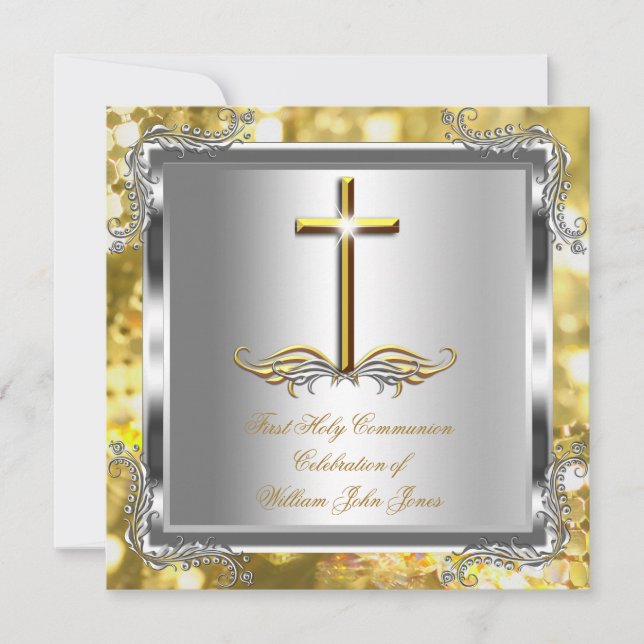 Invitation Garçon ou fille 1ère Sainte Communion Gold Argent  (Devant)
