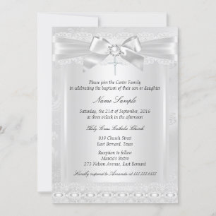 Invitation Garçon ou fille Baptême croix en dentelle blanche 