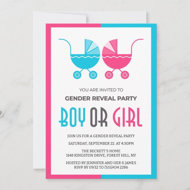 Invitation Garçon ou fille Bébé poussette jumeaux Révélation  (Devant)