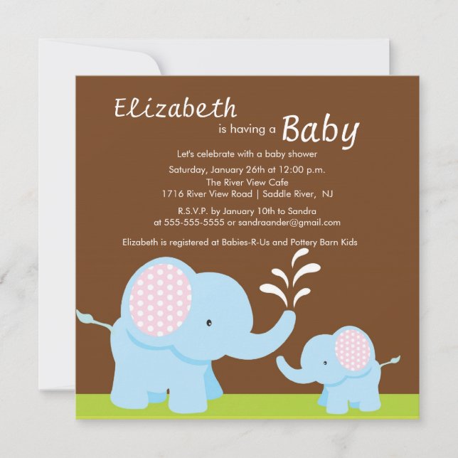 Invitation Garçon ou fille de baby shower d'éléphant de maman (Devant)
