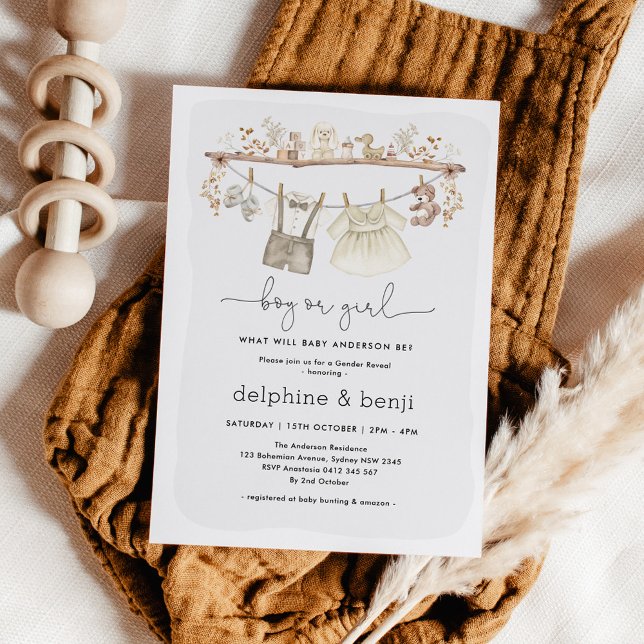 Invitation Garçon ou fille | Muted Boho Baby shower de révéla (Créateur téléchargé)