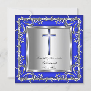Invitation Garçon ou fille Première communion Argent Bleu 3r