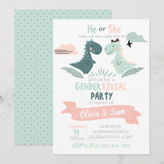 Invitation Garçon ou fille Révéler l'aquarelle Dinosaur (Devant / Derrière)