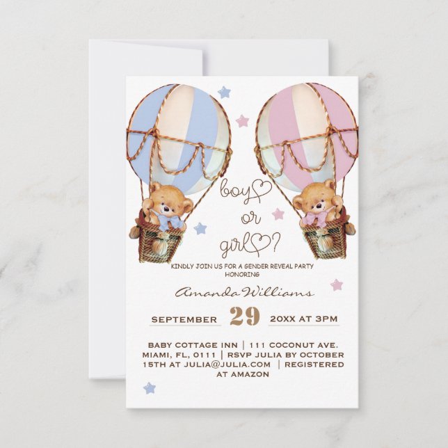 Invitation Garçon ou fille rose bleu ours sexe révéler (Devant)