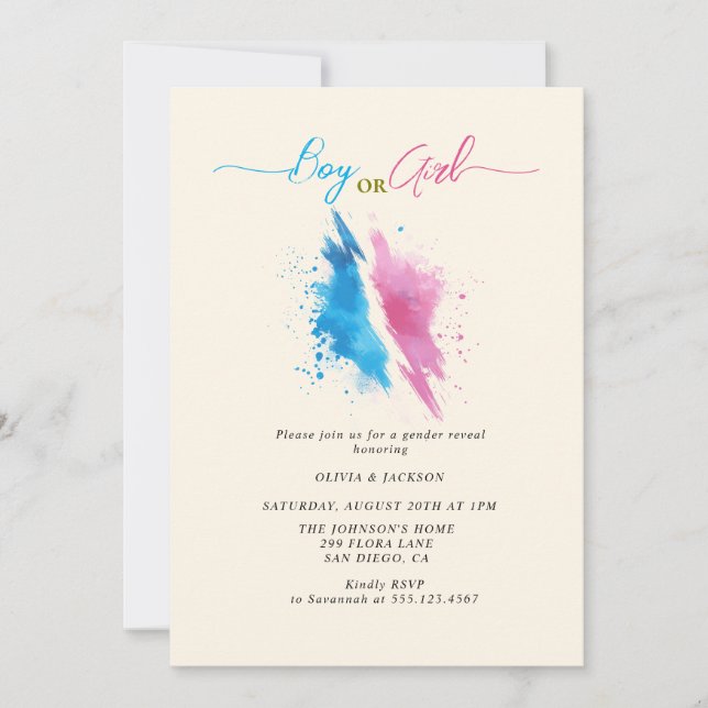 Invitation Garçon ou fille rose et bleu couleur Genre Révéler (Devant)