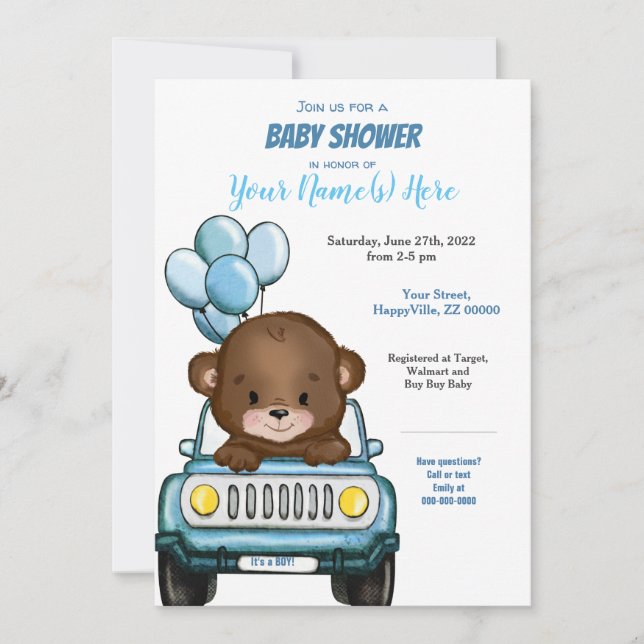 Invitation Garçon Ours dans le Baby shower de voiture Invitat (Devant)