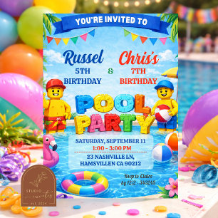 Invitation Garçon Piscine Colorée Briques Fête d'anniversaire