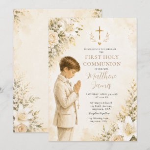 Invitation Garçon pour la Première Sainte Communion Florale