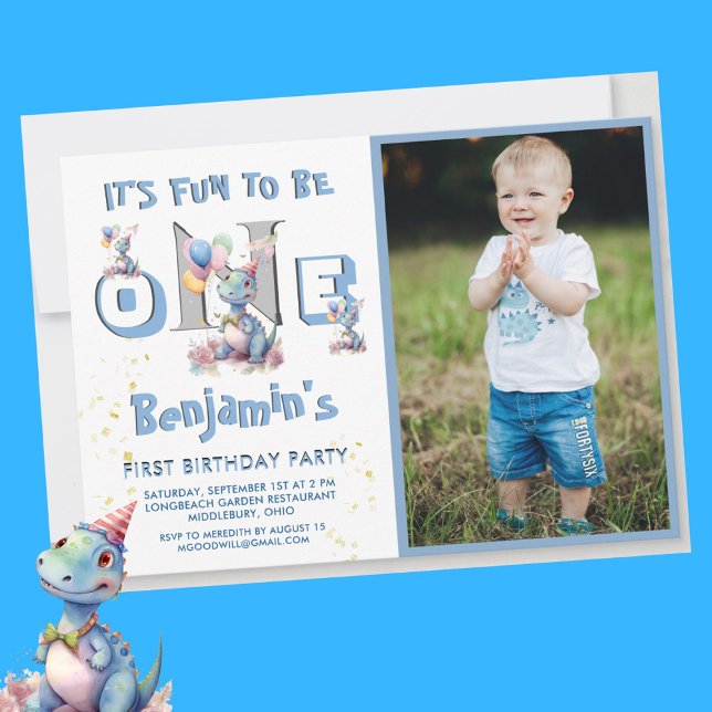 Invitation Garçon premier anniversaire amusant un dinosaure 1 (Créateur téléchargé)