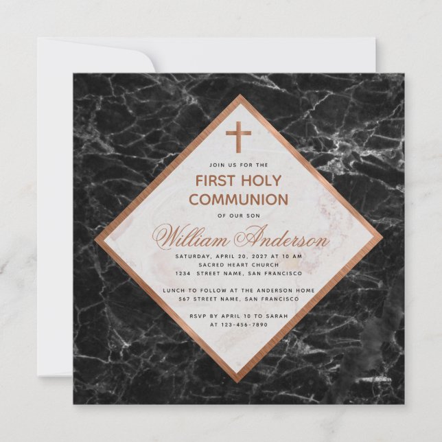Invitation Garçon Première Communion Blanc Marbre noir Cuivre (Devant)