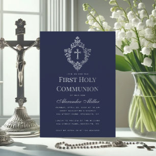 Invitation Garçon Première Communion Bleu Nuit Vintage Blason