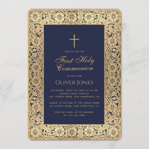 Invitation Garçon Première Communion Bleu Or Cadre Floral Élé