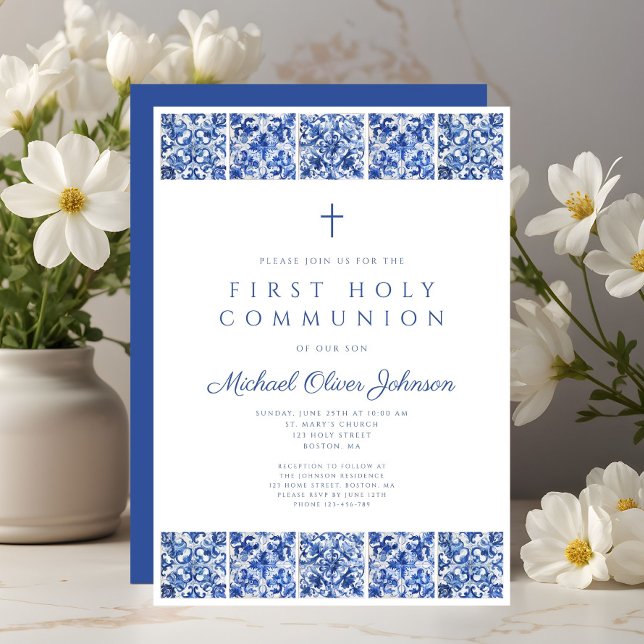 Invitation Garçon Première Communion Carreaux Bleus Élégants (Elegant Blue Tiles Boy First Communion Invitation)