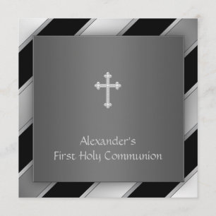Invitation Garçon Première Communion Rayure Argent Noir