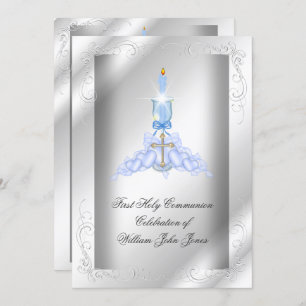 Invitation Garçon Première Sainte Communion Argent Bleu Garço