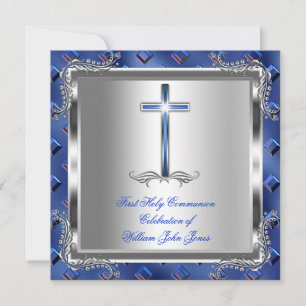 Invitation Garçon Première Sainte Communion Argent Royal Bleu