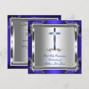 Invitation Garçon Première Sainte Communion Argent Royal Bleu