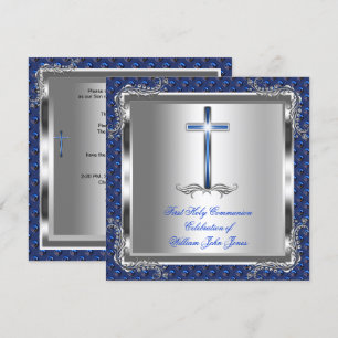 Invitation Garçon Première Sainte Communion Argent Royal Bleu