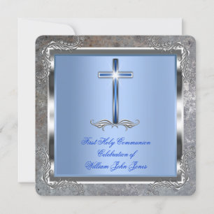 Invitation Garçon Première Sainte Communion Argent Royal Bleu