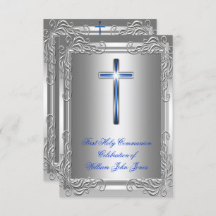 Invitation Garçon Première Sainte Communion Argent Royal Blue
