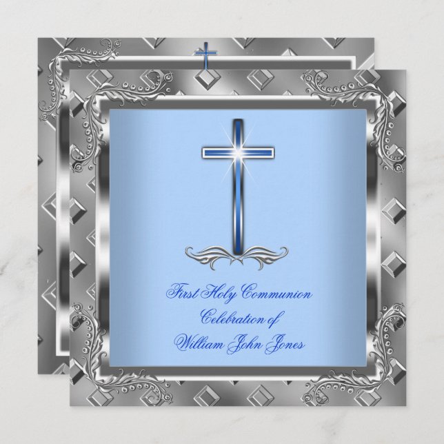 Invitation Garçon Première Sainte Communion Argent Royal Blue (Devant / Derrière)