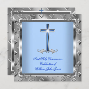 Invitation Garçon Première Sainte Communion Argent Royal Blue