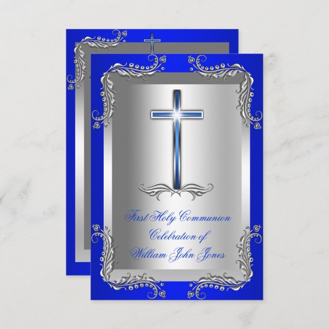 Invitation Garçon Première Sainte Communion Argent Royal Blue (Devant / Derrière)