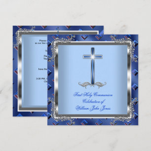Invitation Garçon Première Sainte Communion Argent Royal Blue