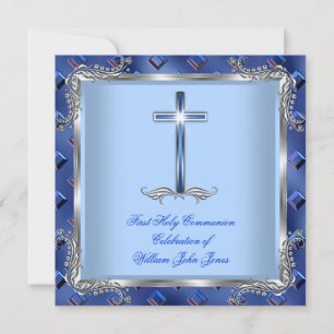 Invitation Garçon Première Sainte Communion Argent Royal Blue