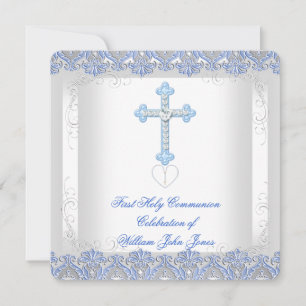 Invitation Garçon Première Sainte Communion Blanc Argent Bleu